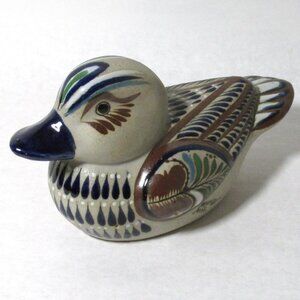 Hand Painted Tonala Mexican Pottery Intricately Designed Duck Signed.